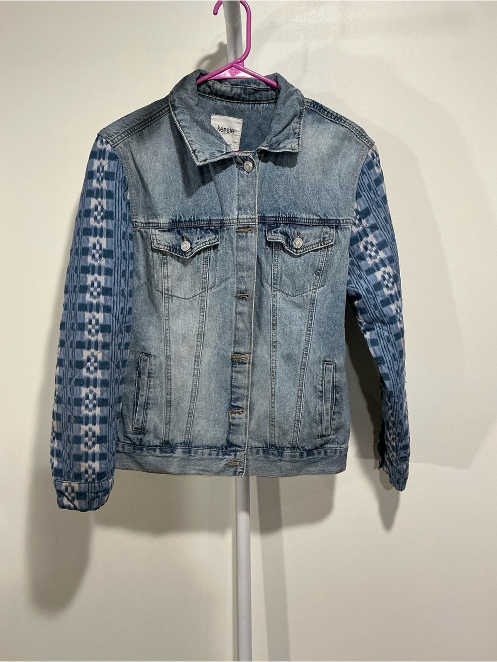 Kensie Light Blue Denim Jacket with Patterned Blue Sleeves